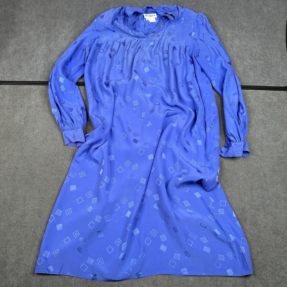 Pat Argenti Ltd Vintage 100% Silk Blue Geometric Jacquard Midi Dress Size 10 Y2k